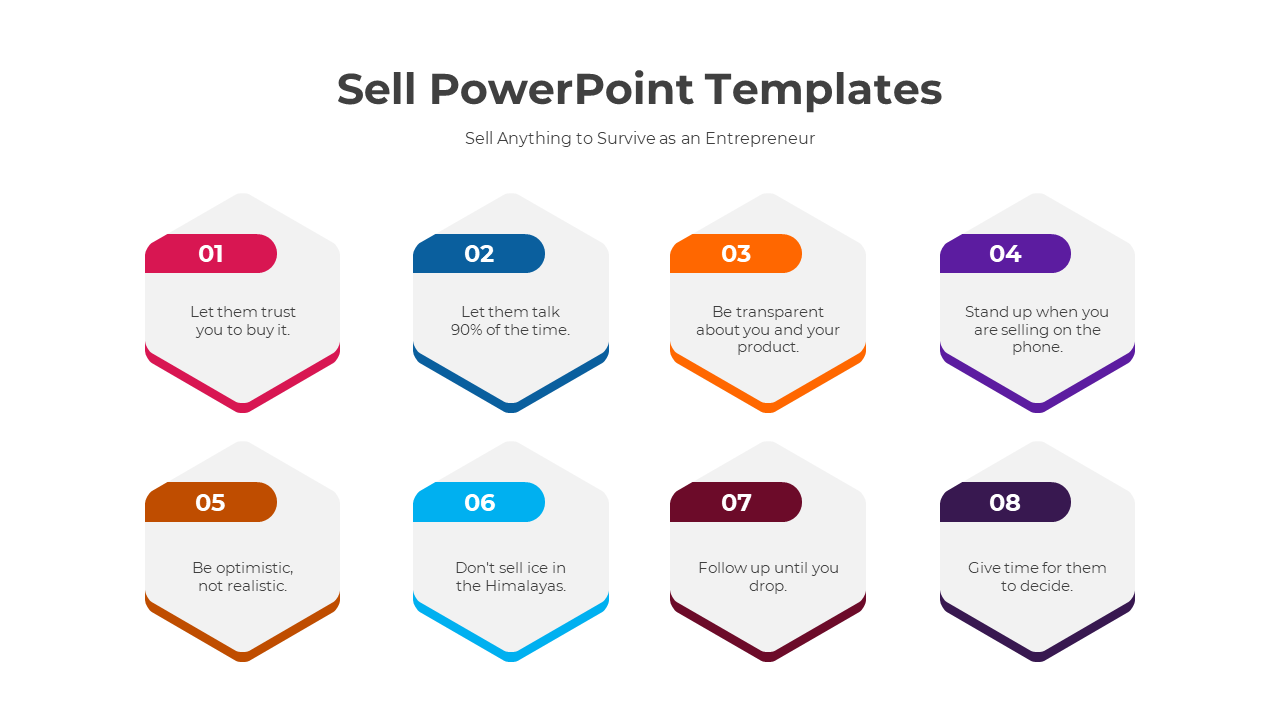 Eight hexagon shaped numbered boxes with sales tips, each in different colors and arranged in two rows.