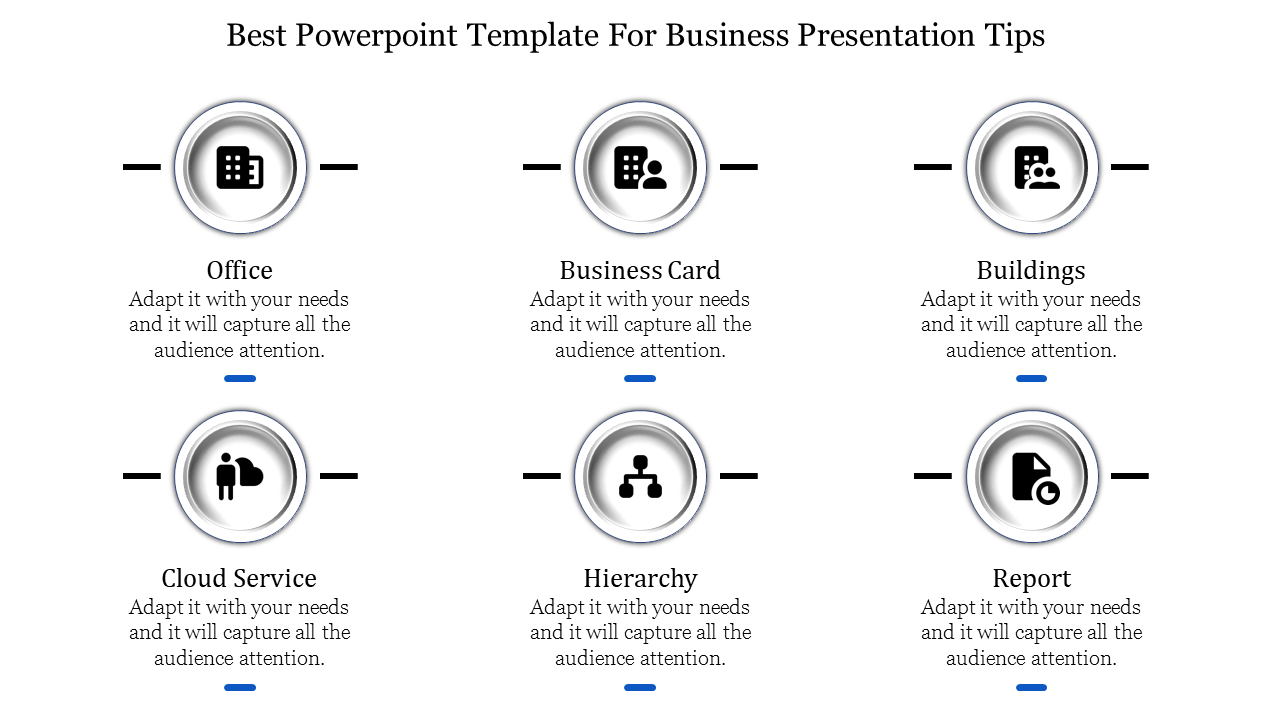 Two-row infographic with six circular icons labeled office, business card, buildings, cloud service, hierarchy, and report.