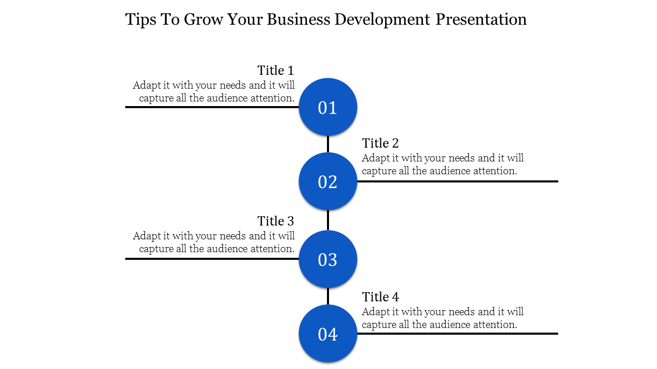 PowerPoint slide for a business development presentation with four steps and space for tailored titles and descriptions.