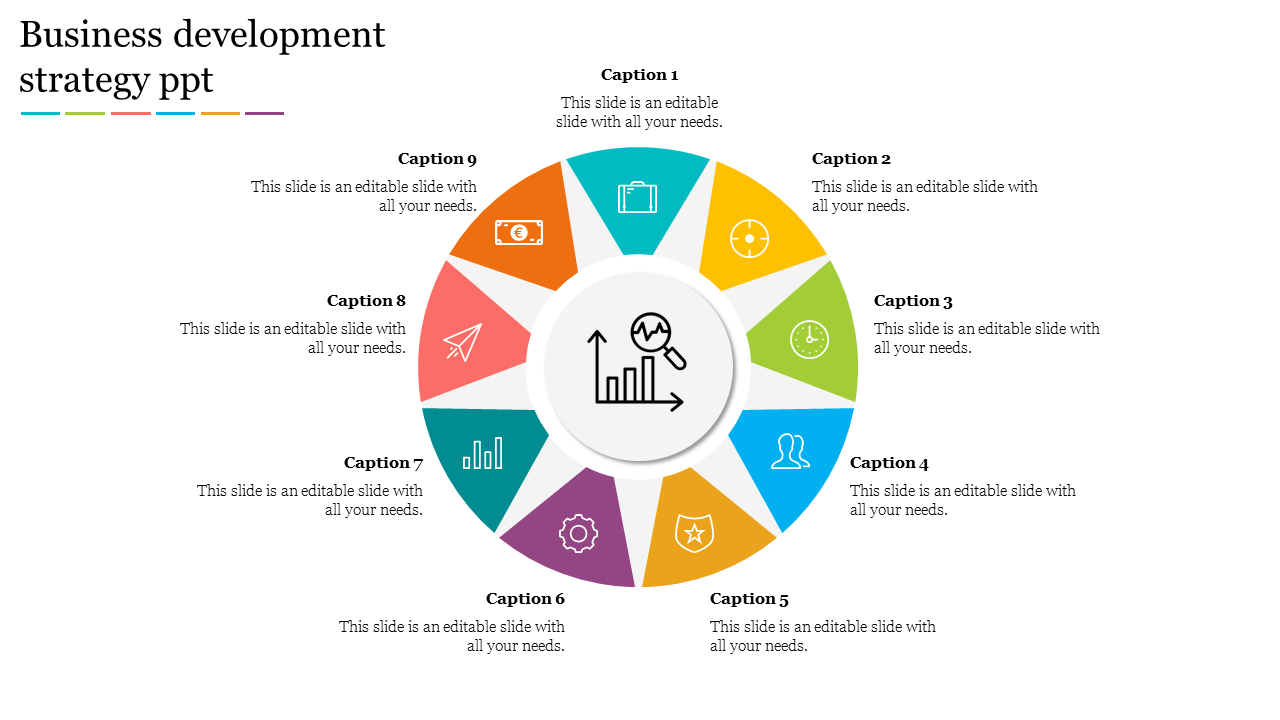 Business strategy wheel with nine colorful segments, icons and placeholder text, centered around a growth icon.