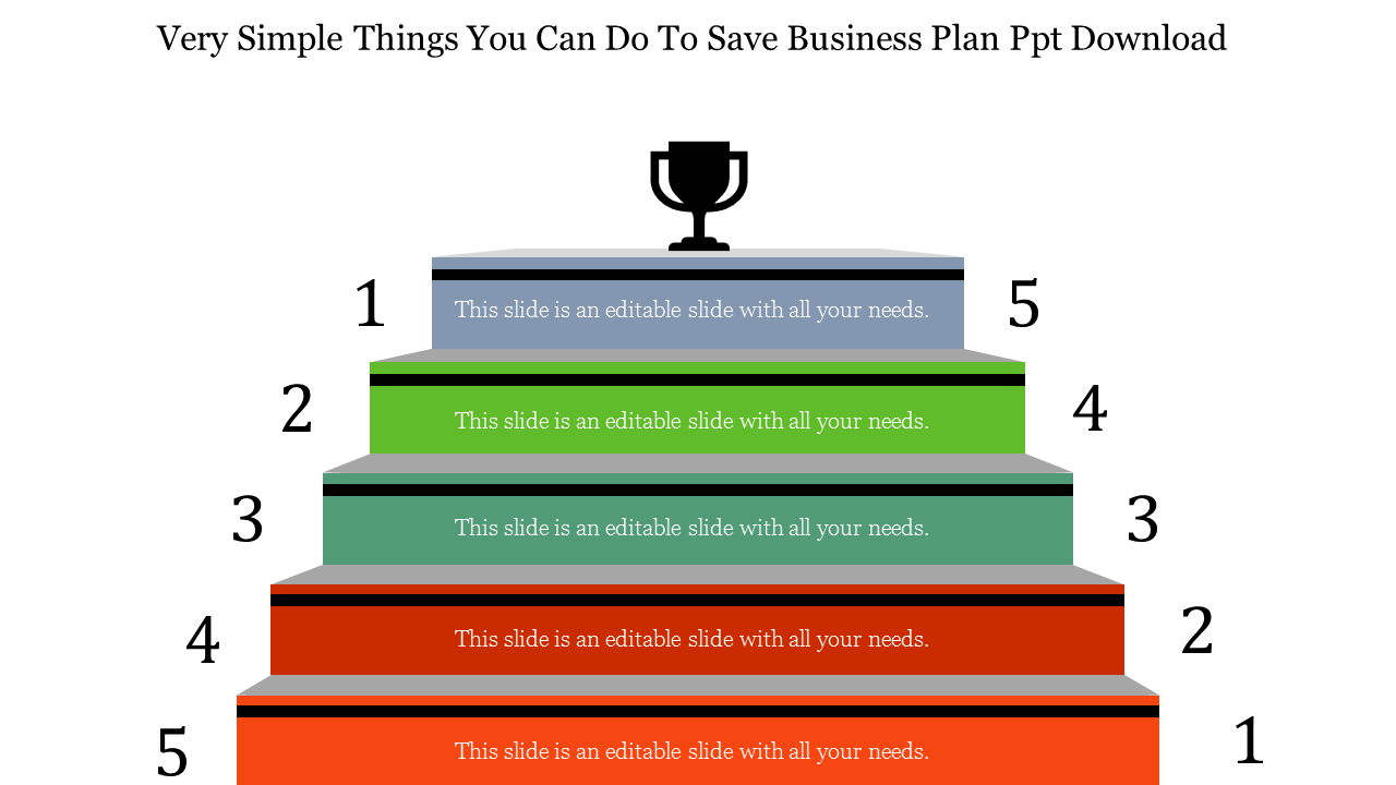 Business slide with a five step staircase design, numbered 1 to 5, leading to a trophy icon at the top on a white background.