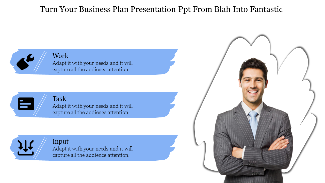 Business plan presentation template with icons for work, tasks, and input alongside a smiling professional.