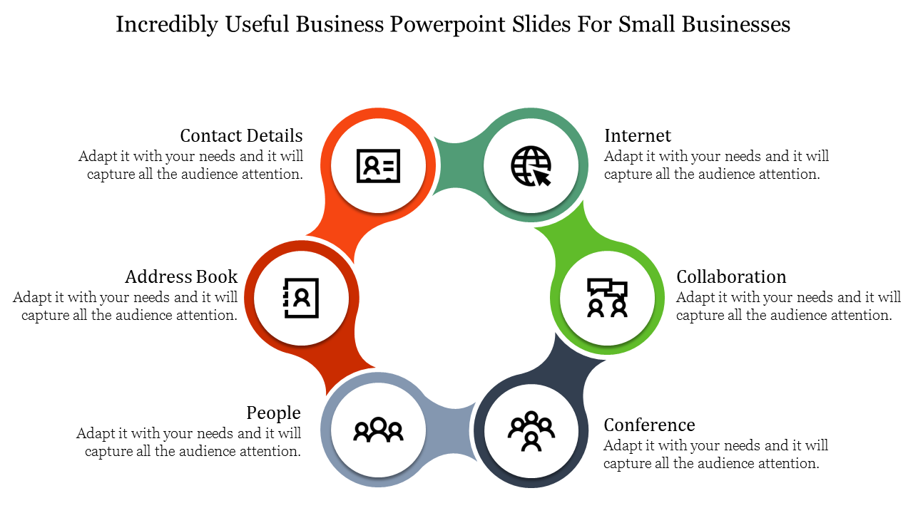 Colorful circular business slide with icons for contact card, globe, collaboration board, people group, and address book.