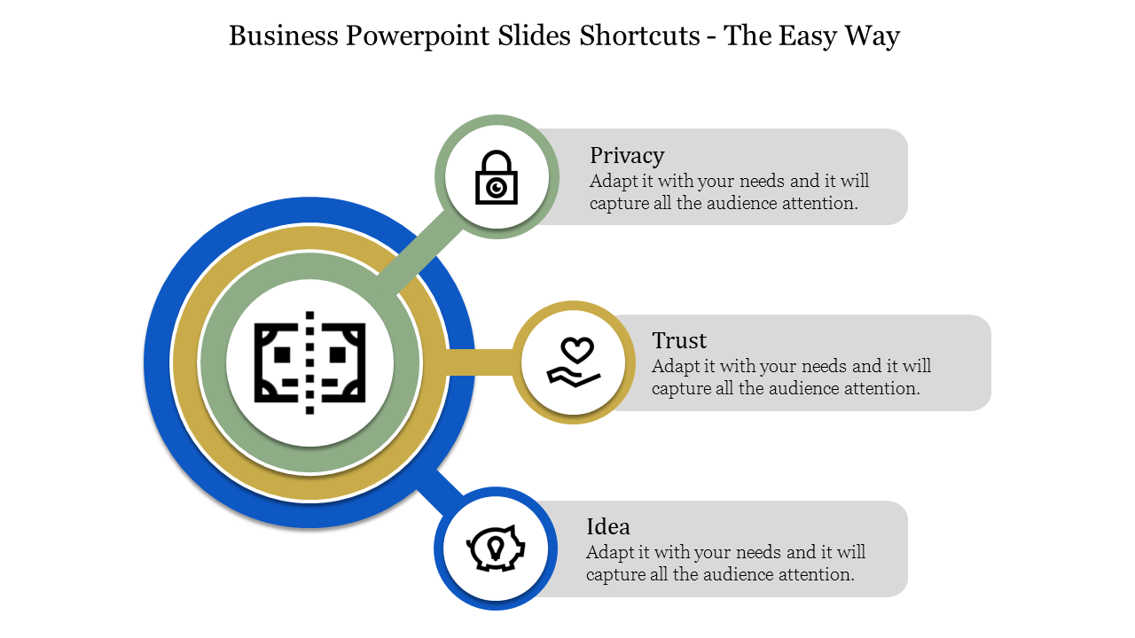 Business slide with a concentric circle design in blue, gold, and green, and three outer labels connected by text boxes.