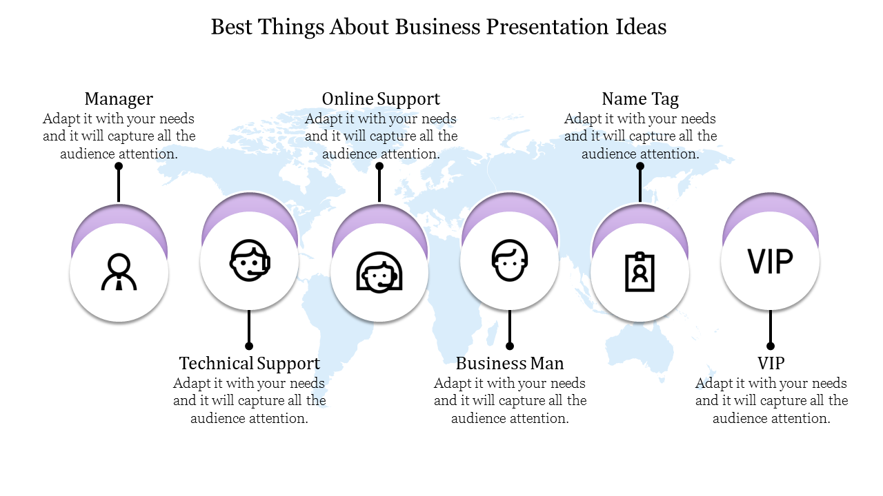 Global business presentation template showing icons for manager, technical and online support, business roles, and VIP.