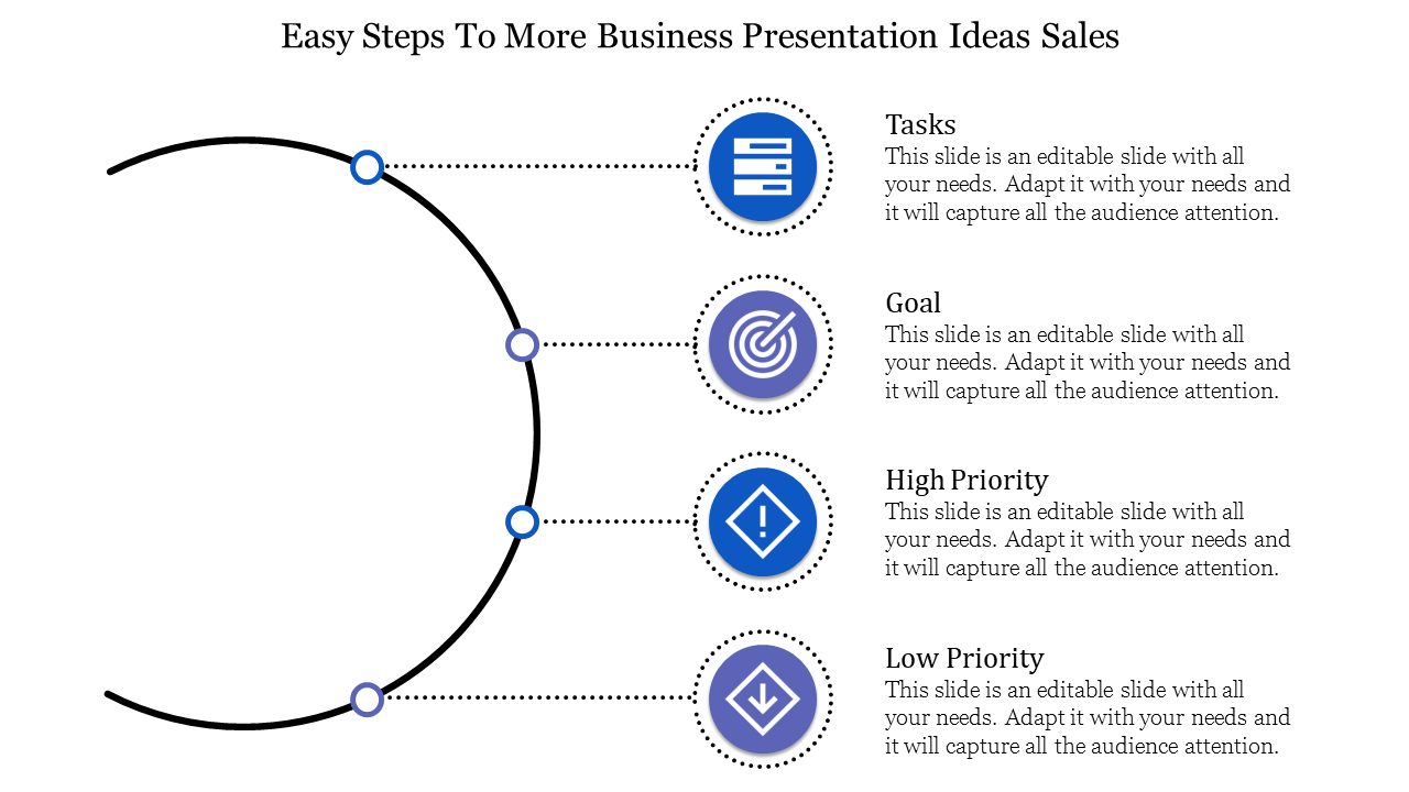 Business presentation slide with steps Tasks, Goal, High Priority, and Low Priority, each with corresponding icons.