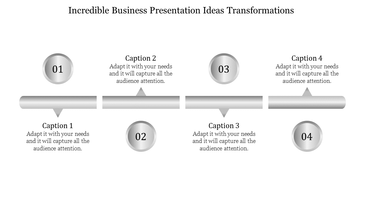 Business presentation template with four numbered steps, each labeled with a caption and placeholder text.