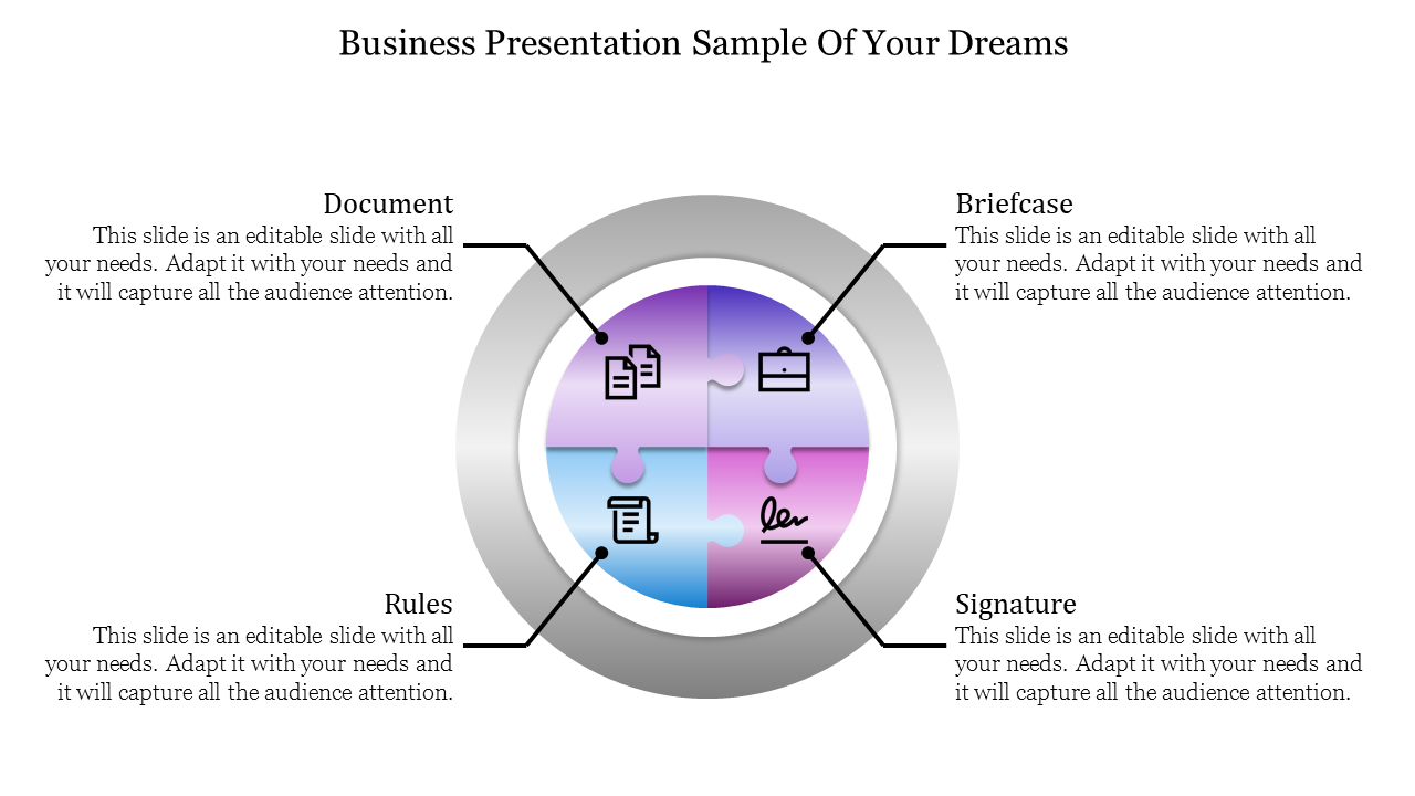 Circular business infographic showing icons for document, rules, briefcase, and signature, connected to descriptions.