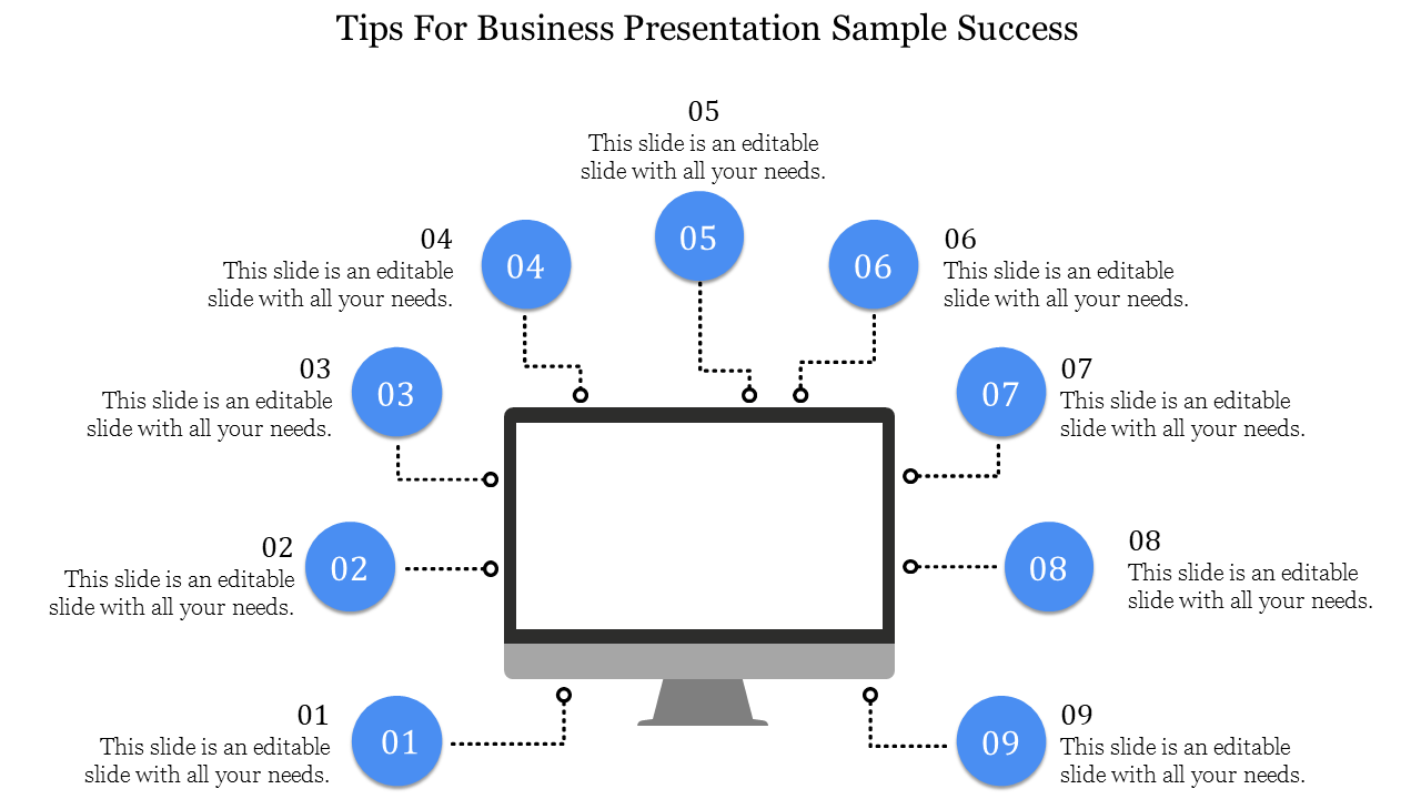 Infographic with a central computer monitor surrounded by nine blue numbered circles connected by dotted lines.