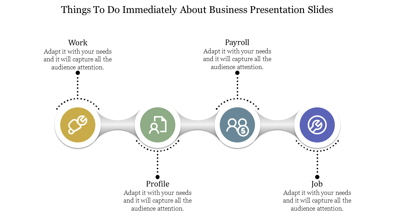 Business slide featuring a wavy design linking four colorful circular sections, each with icons and descriptive text.