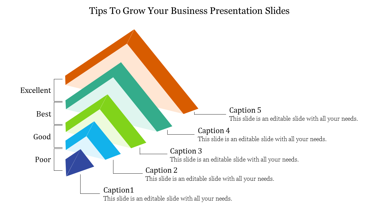 Arrow shaped hierarchical business chart with five segments progressing upward in size and color, labeled with caption area. 