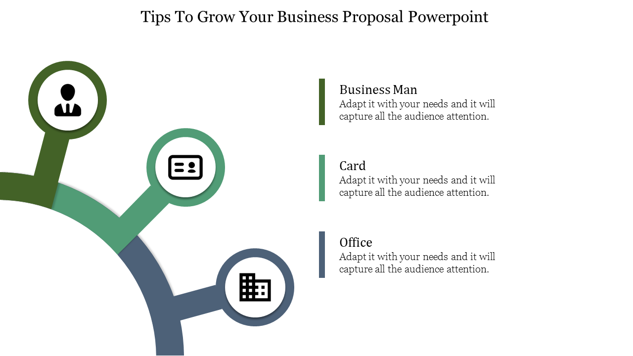 Business proposal PowerPoint slide featuring icons for businessman, card, and office with text sections for each.