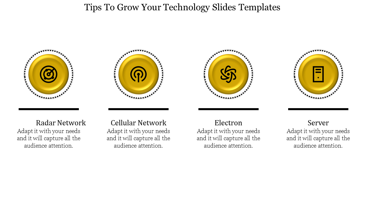 Four golden circular icons for radar network, cellular network, electron, and server, each paired with text descriptions.