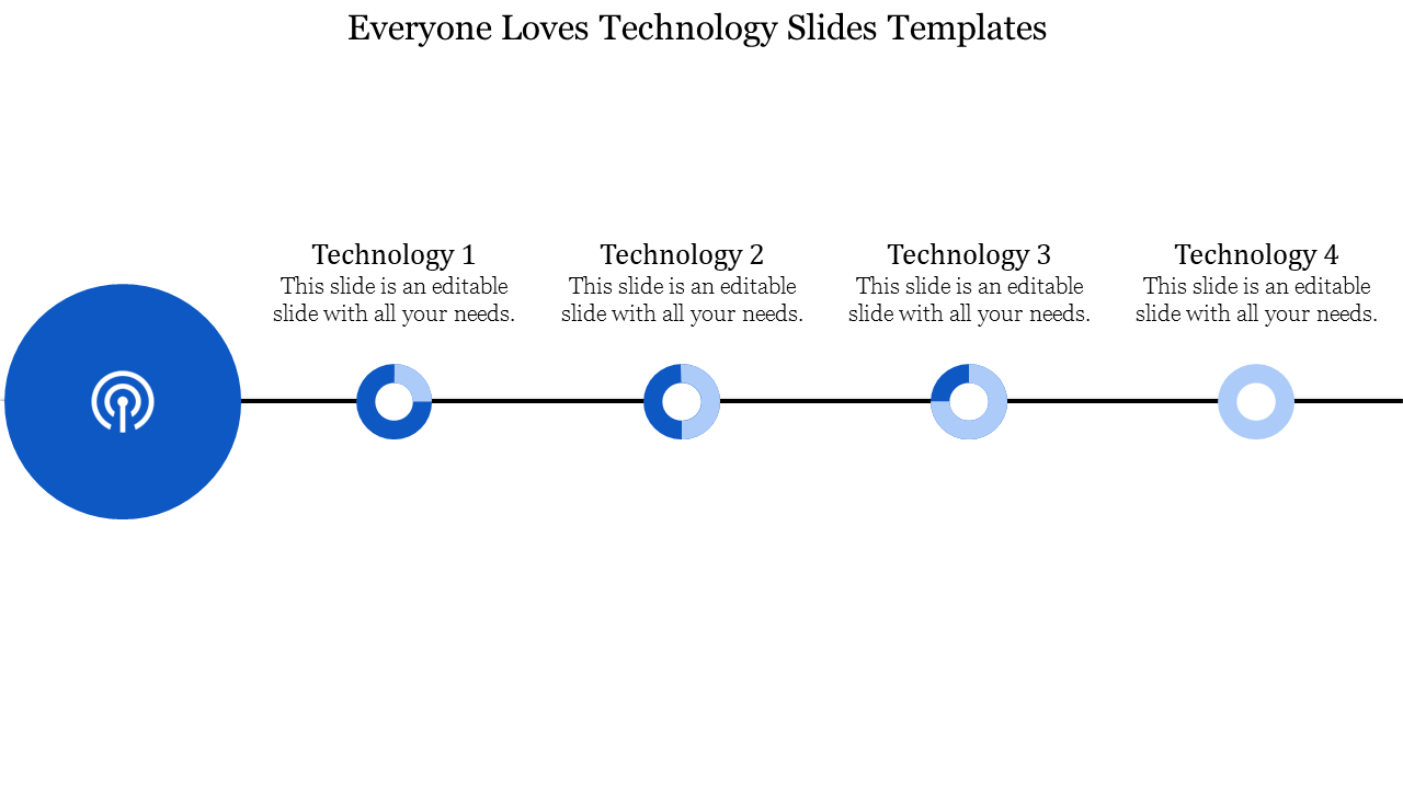 Slide with four circular milestones in shades of blue connected by a black line, starting with a large icon on the left.