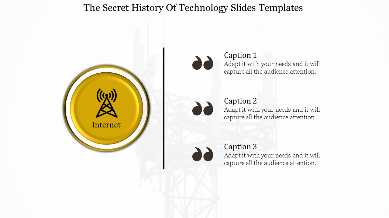 Technology slide featuring a bold yellow circular icon labeled with three quotes and caption areas. 