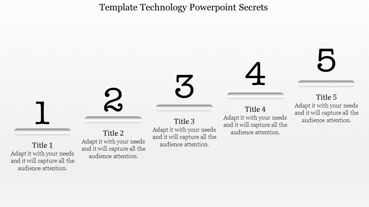 Technology steps arranged diagonally from 1 to 5 with placeholders for titles and captions beneath each number.