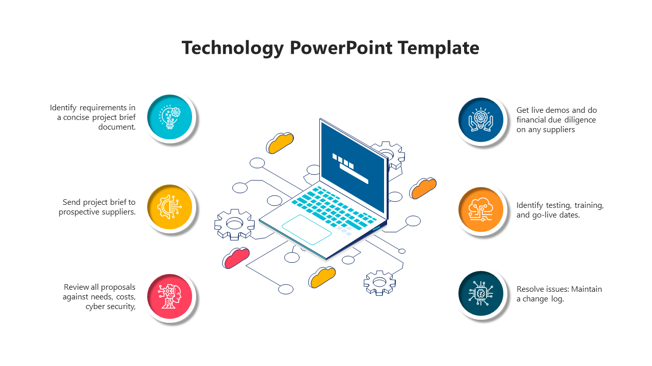 Technology slide featuring a central laptop illustration surrounded by six colorful icons with descriptions.