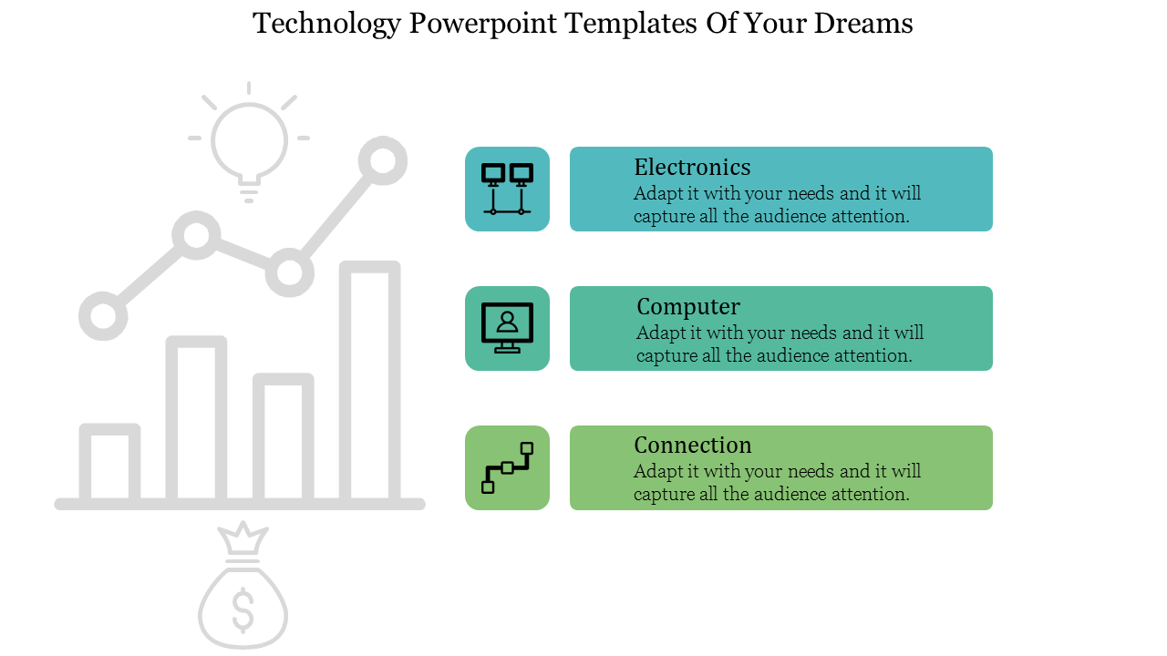 Technology PowerPoint slide showcasing icons for electronics, computer, and connection with placeholder text.