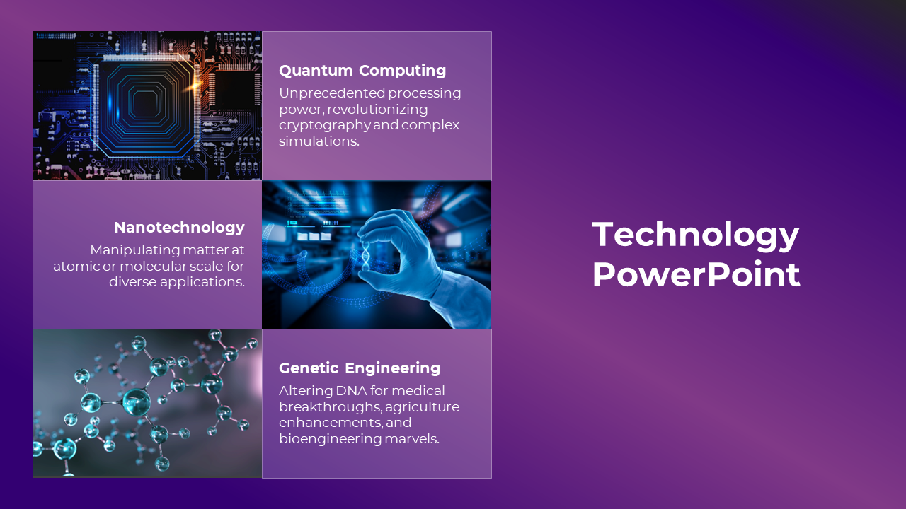 Slide showcasing three technology topics with images and text in a grid layout, set on a purple gradient background.