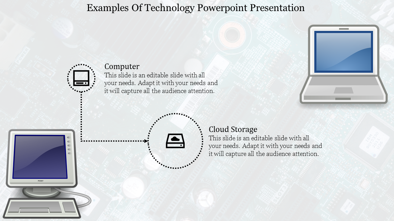 Technology process diagram with dotted lines connecting computer, cloud storage, and laptop on a circuit board background.