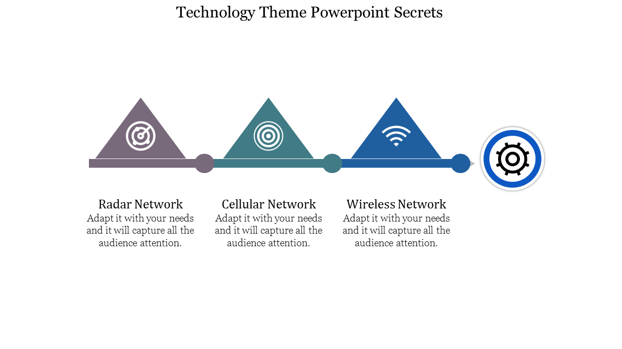 Technology PowerPoint slide featuring icons for radar, cellular, and wireless networks with placeholder text.