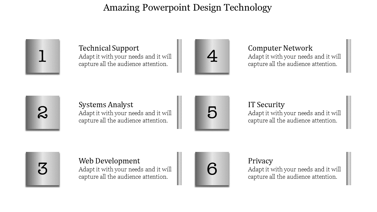 Infographic featuring six silver numbered boxes 1-6, each linked to a technology-related role, including technical support.