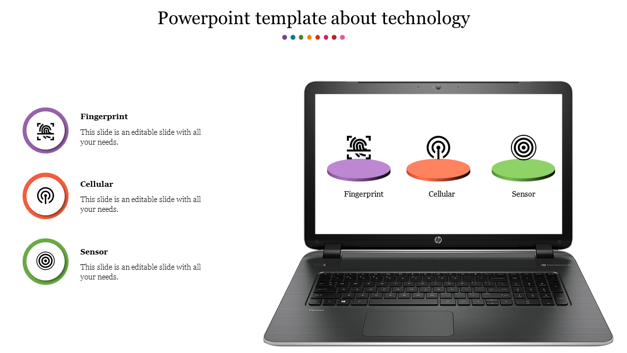 Slide with a laptop displaying three colored technology icons fingerprint, cellular, sensor and labels on the side.