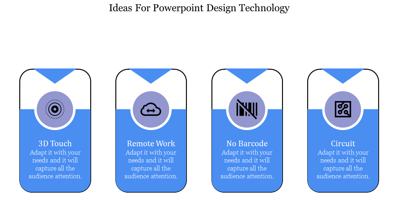 Four blue cards with rounded corners featuring technology related icons and labels arranged in a horizontal row.