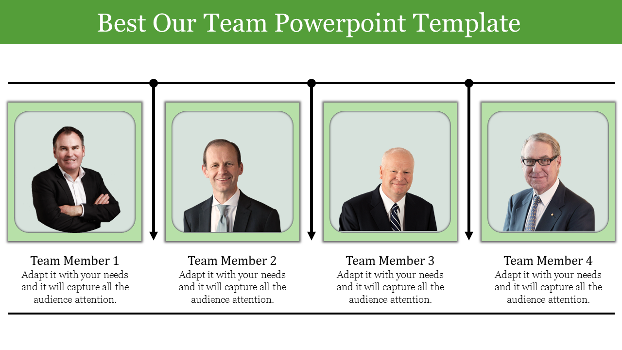 Grid layout with four team member headshots, accompanied by captions, framed with green backgrounds and black dividers.