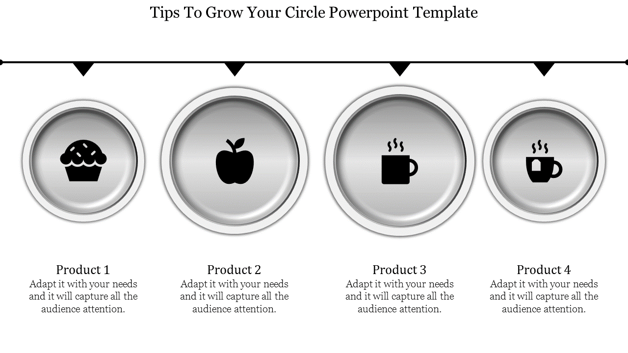 A slide showing four products represented by circular icons from cupcakes to coffee cups, with captions.