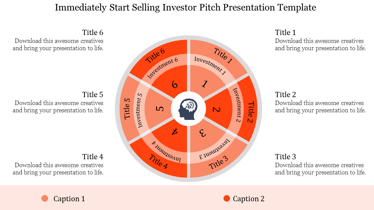 An investor pitch showing a segmented circular chart with six investment categories surrounding a central head icon.