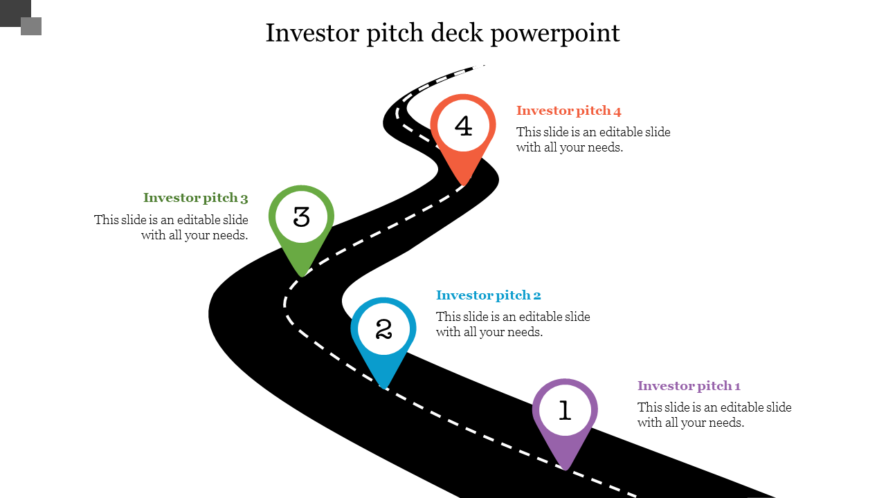 Investor pitch deck slide showing a roadmap with four stages marked by colored location pins and text captions.