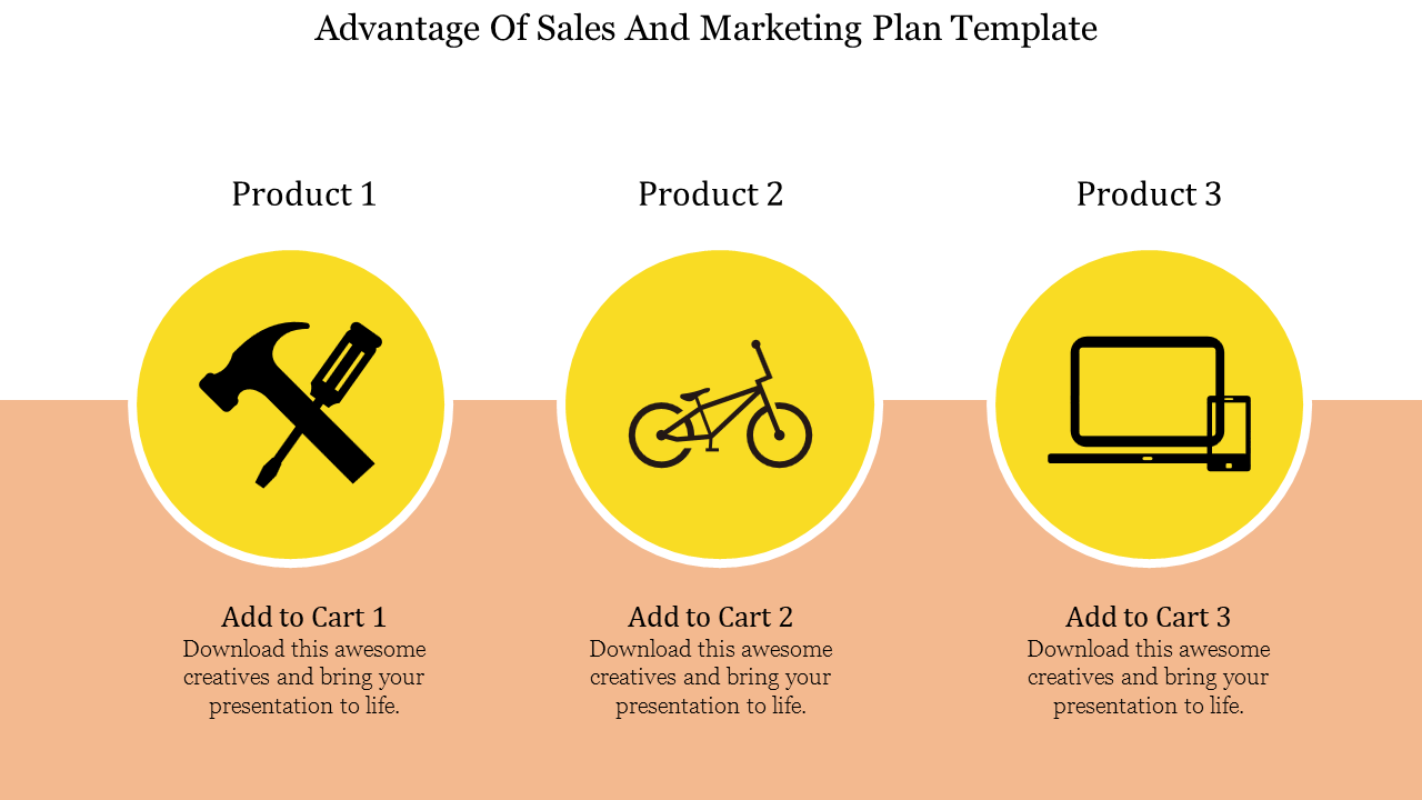 Sales and marketing plan template showing three products a hammer, a bicycle, and a laptop, each with an Add to Cart option.