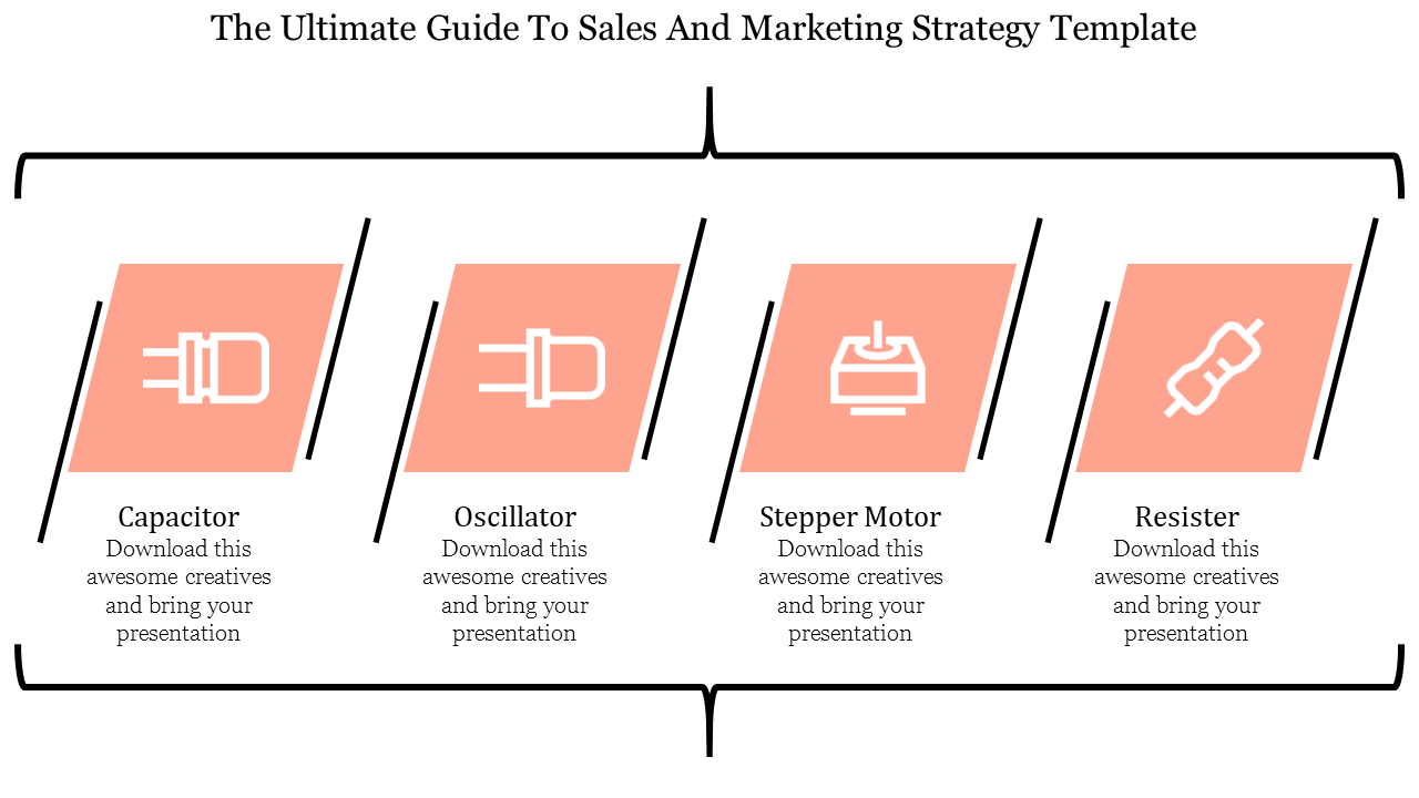 A sales and marketing strategy template featuring icons for capacitor, oscillator, stepper motor, and resistor.