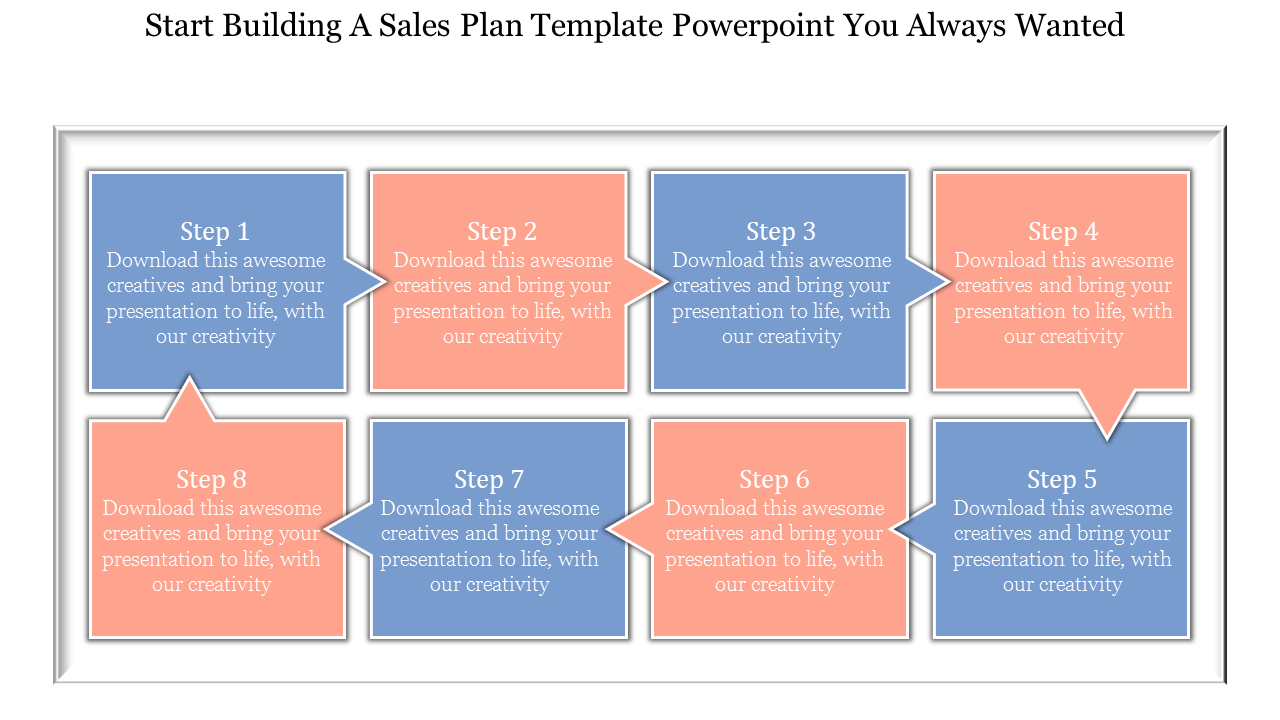 Eight-step sales plan template with numbered steps in blue and red speech bubble shapes arranged in two rows.