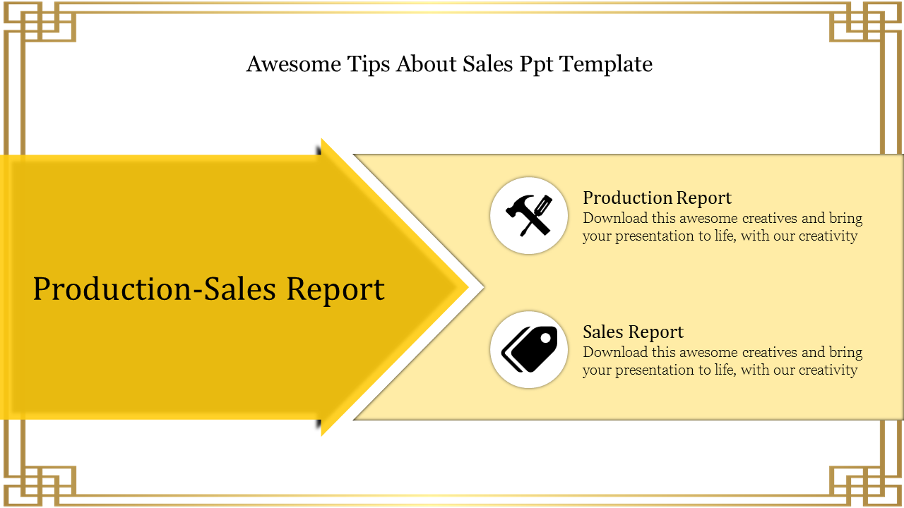 Sales report slide with a yellow arrow pointing to two report sections with icons on the right.