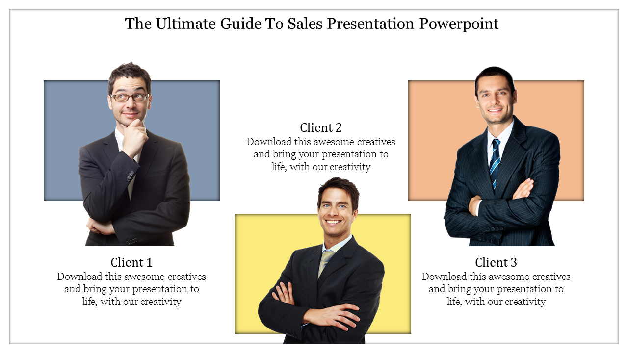 Sales presentation slide featuring three client images with text descriptions, each on a blue, yellow, or orange background.