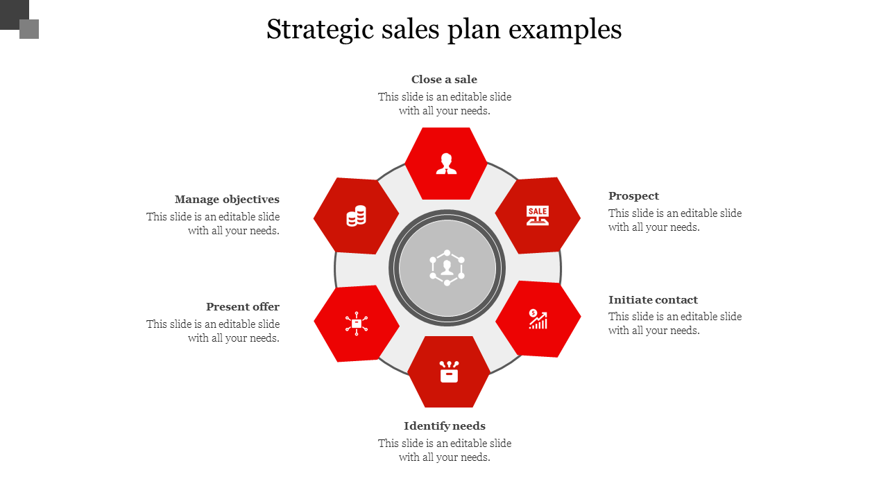 Strategic sales PPT template with a red hexagonal diagram outlining key sales steps with icons and placeholder text.