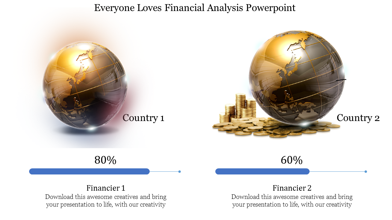 Financial slide with golden globes for two countries, featuring coin stacks next to one, with blue percentage bars below.