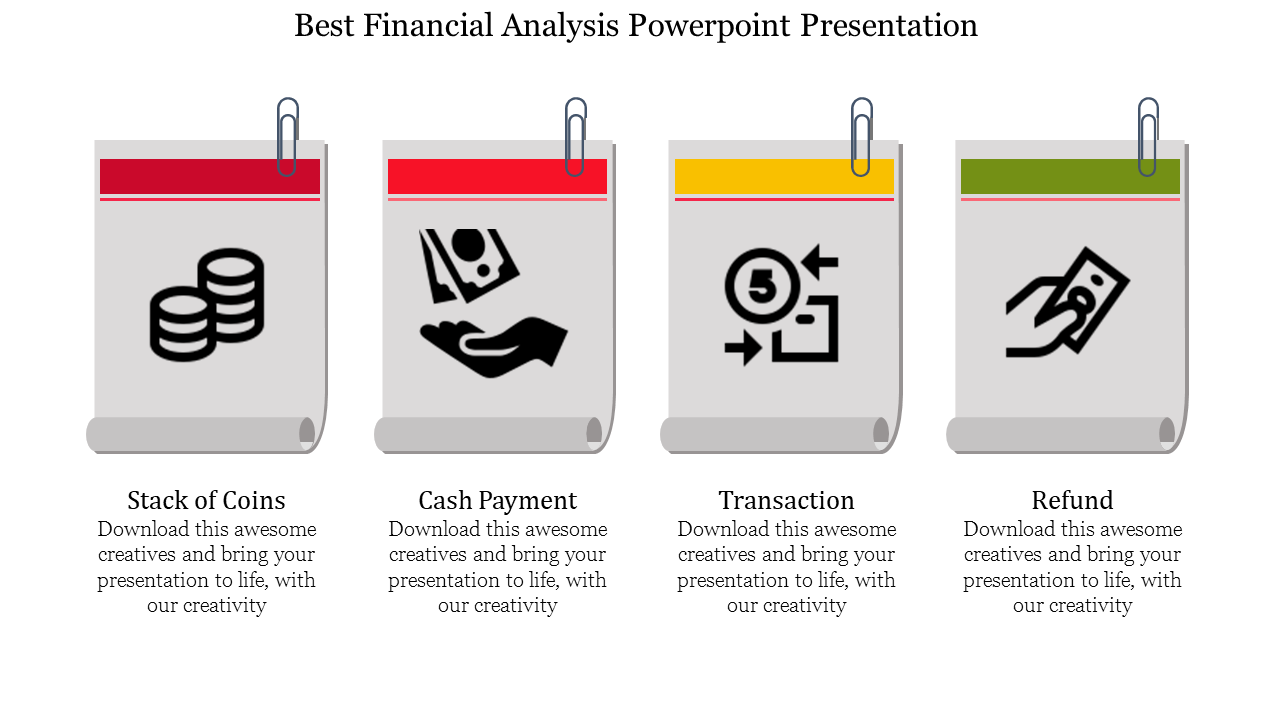 Financial analysis slide with icons of coins, hand with cash, transaction, and refund on clipped sheets.