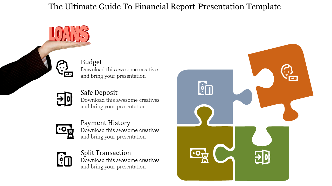 A financial report slide with puzzle pieces for budget, safe deposit, payment history, and split transaction with icons.