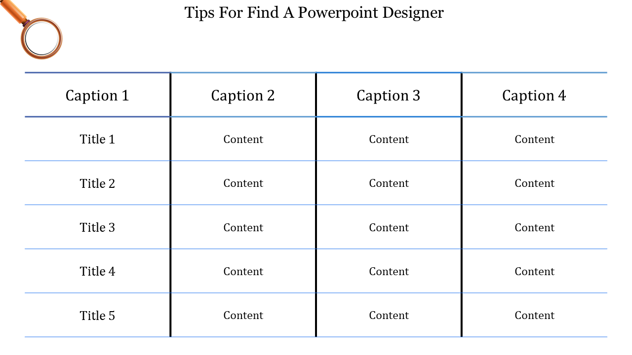 Tips for Finding a PowerPoint designer slide with a magnifying glass icon and a table of tips.