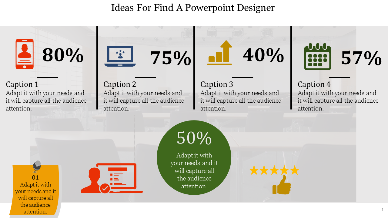 Professional slide design featuring four colorful percentage stats with related icons, and a central green highlight.