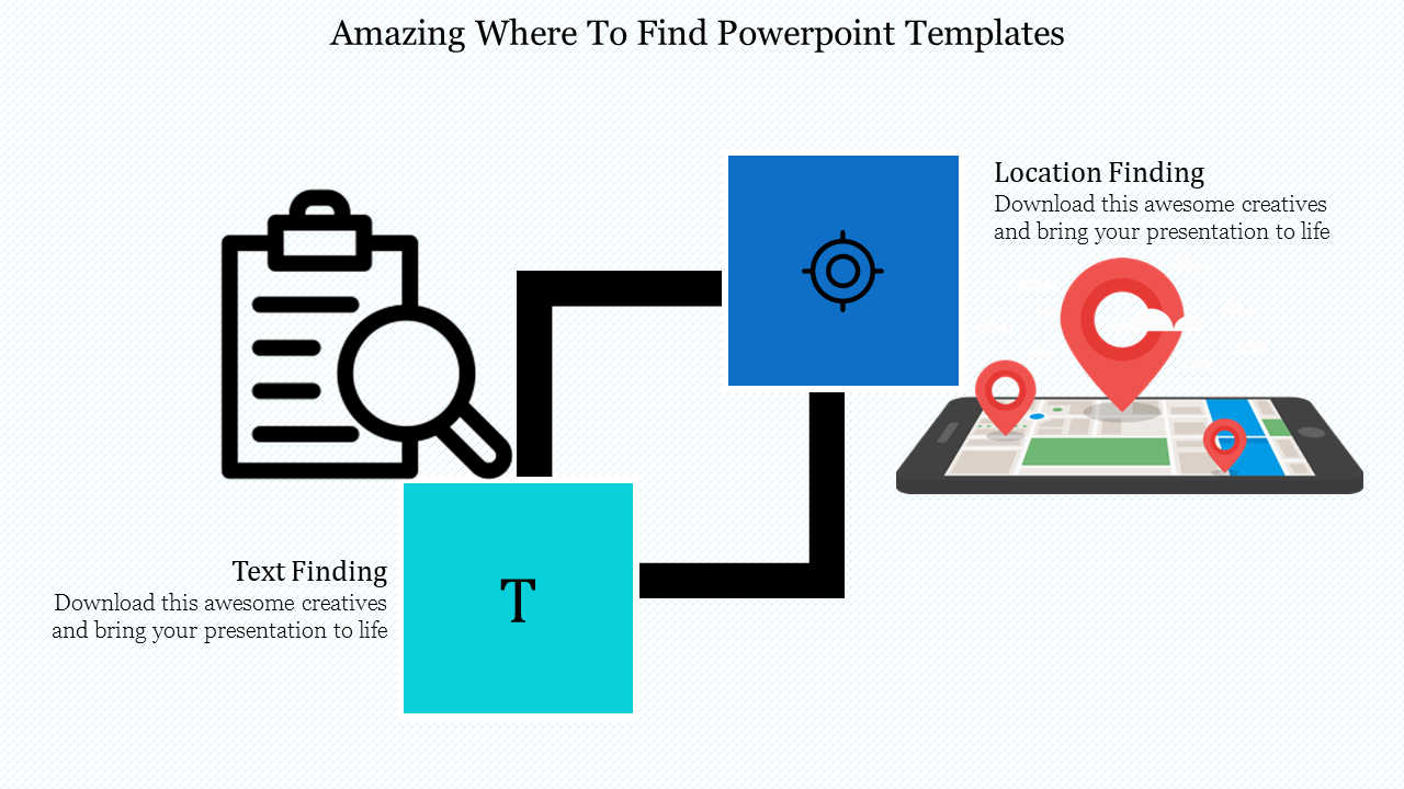 Slide with clipboard, magnifying glass, and map pin on phone, paired with blue and teal blocks.