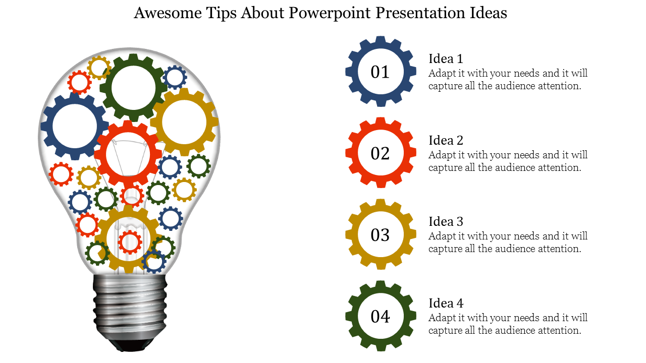 Slide with a lightbulb graphic on the left filled with colorful gears, and four numbered sections with captions.