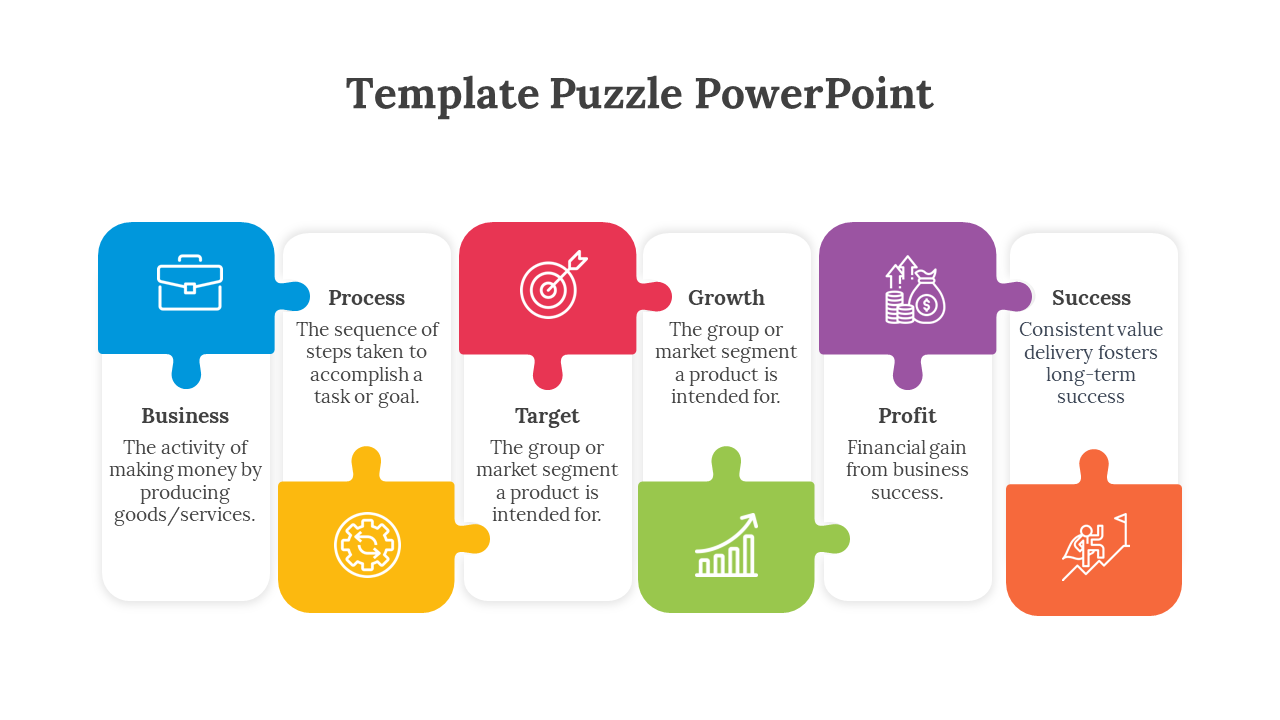 Horizontal puzzle pieces in blue, yellow, red, green, purple, and orange, labeled with icons and descriptions.