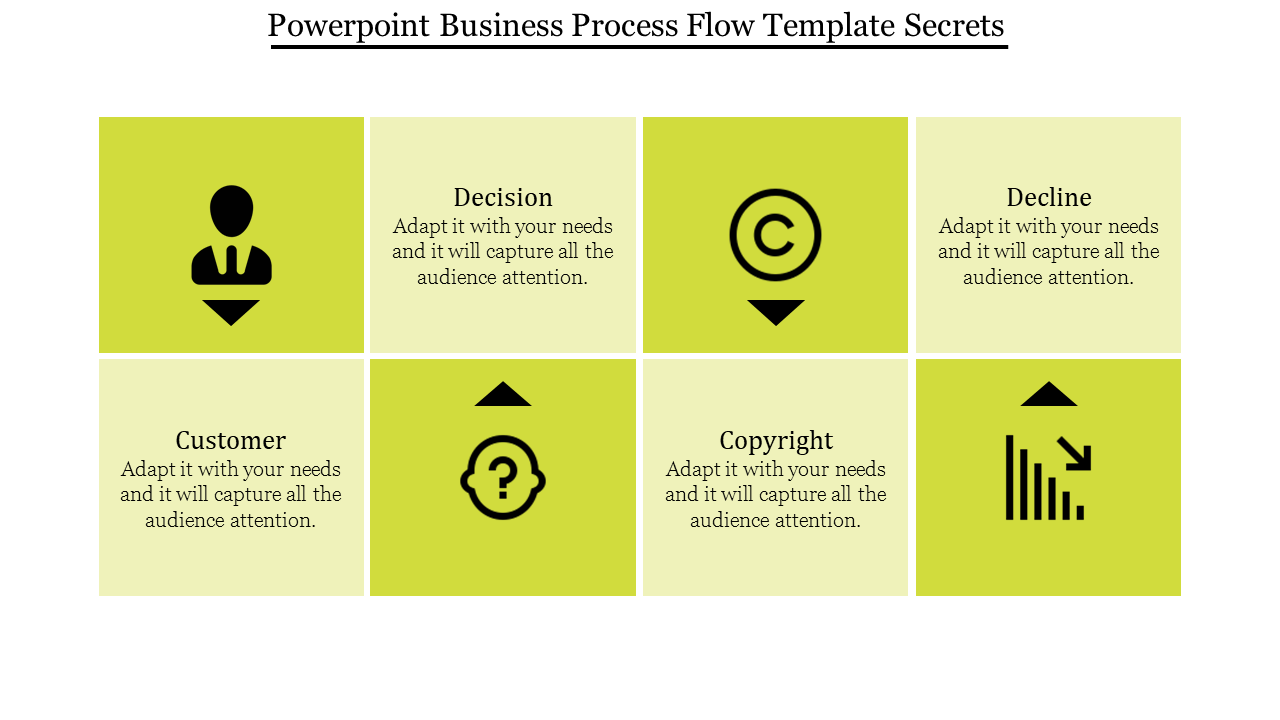 Business process flow PPT slide with icons for customer, decision, copyright, and decline stages with placeholder text.