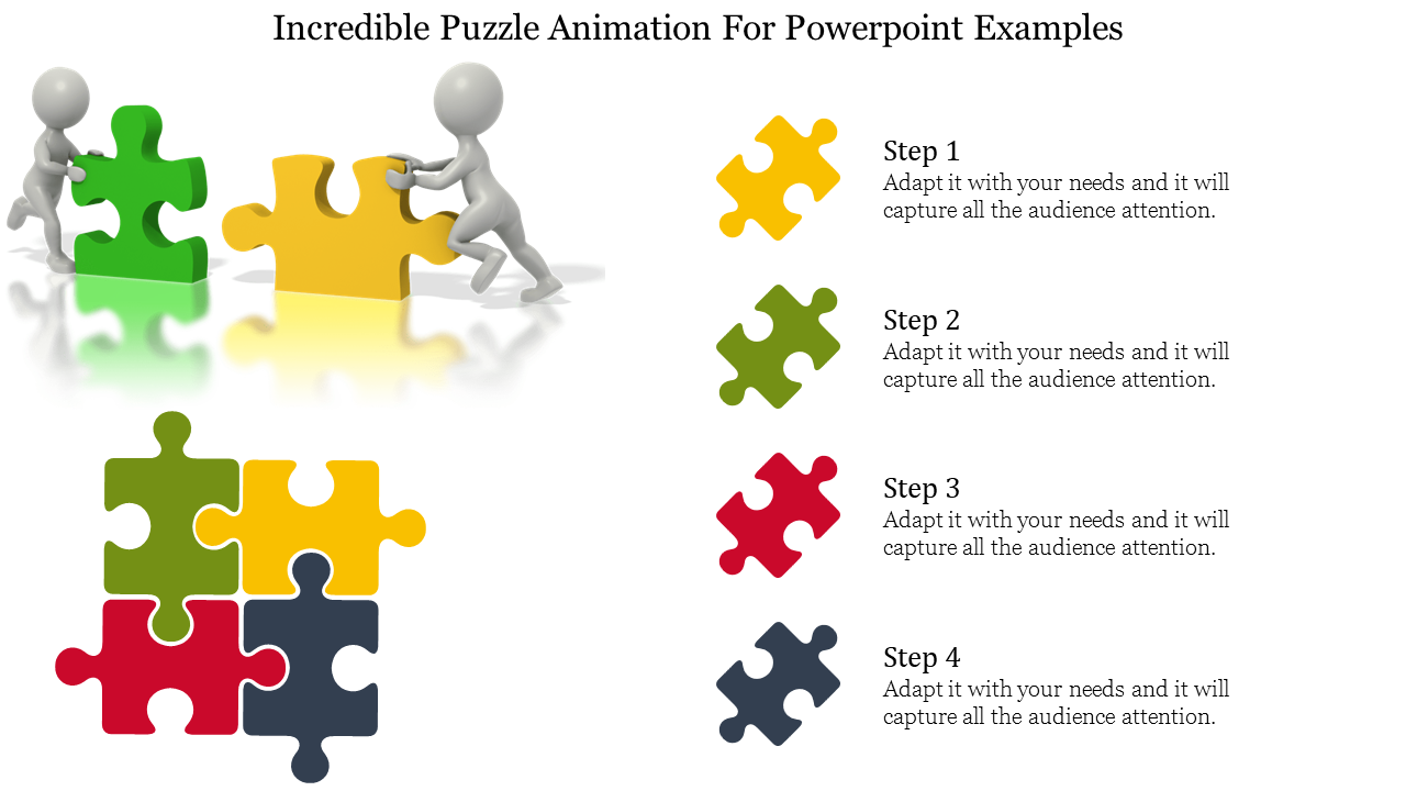 PowerPoint slide showing puzzle pieces connected by animated figures, with labeled steps for a presentation.