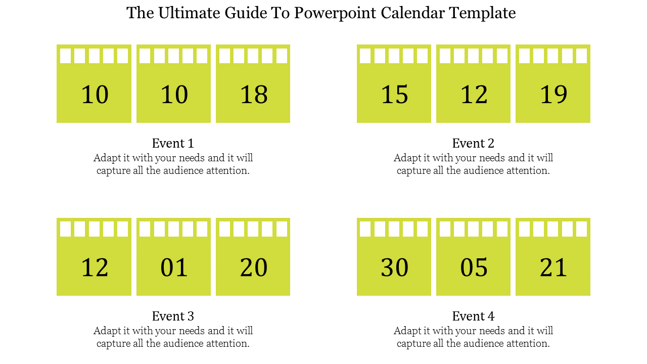 Calendar layout with yellow date blocks arranged in rows, each paired with event descriptions below.