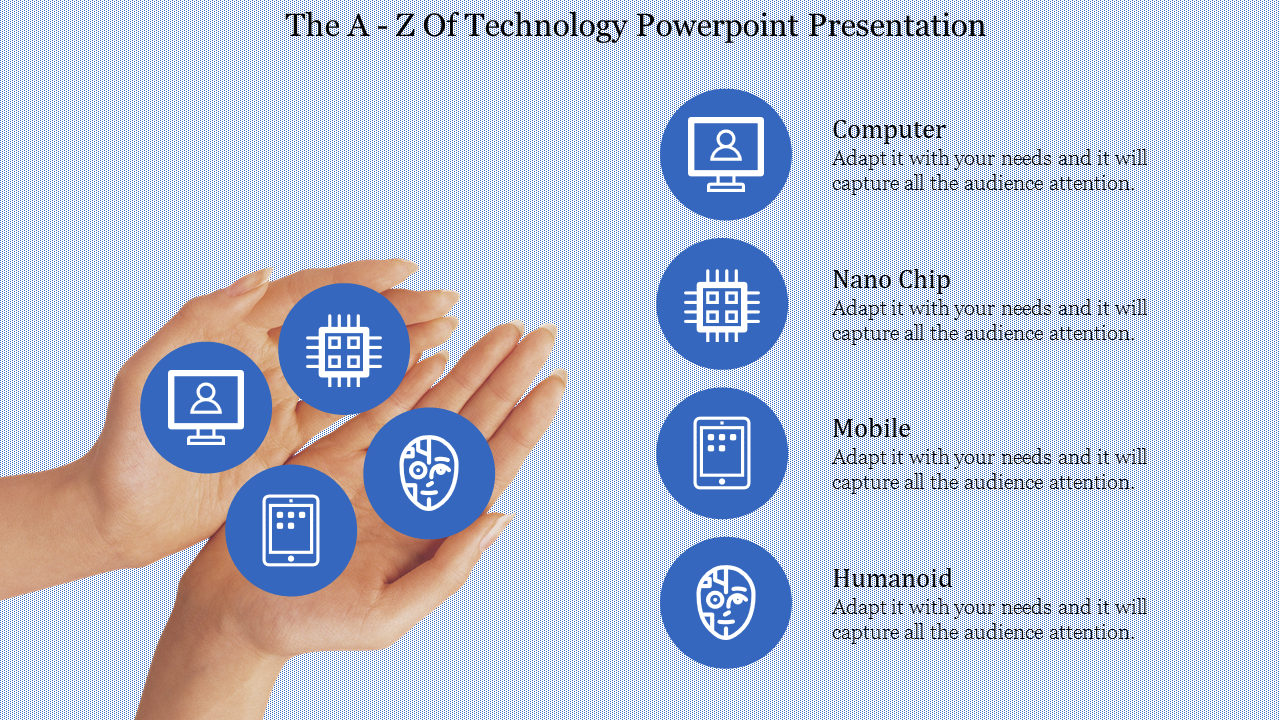 Hands with technology symbols like a computer, chip, mobile, and AI face, with icons and captions on a blue background.